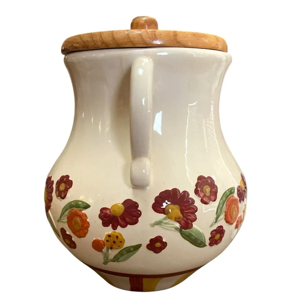 Vintage MSRF‎ French Country Floral Pottery Jar Wooden Lid Handles 9.5″